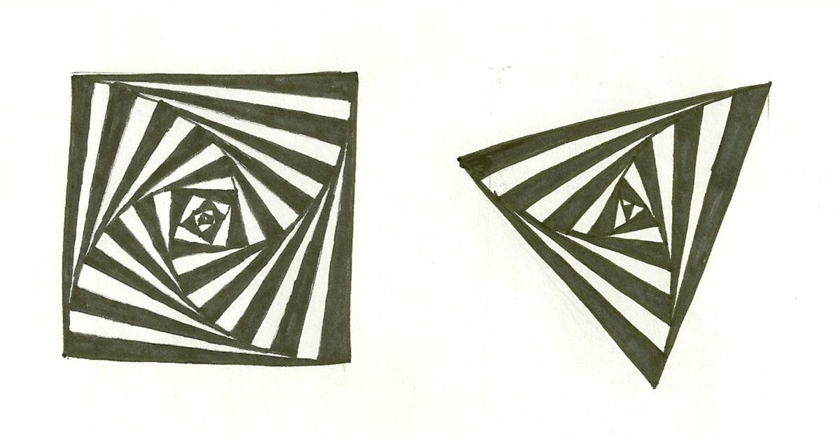 Ink drawing of a square and a triangle, each spiraling inward in black and white stripes